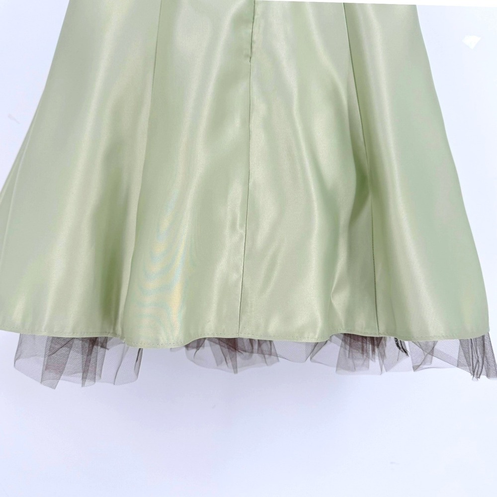 Jessica McClintock Gunne Sax Sage Green Satin Strapless Dress Brown Sash 3 Y2K - Picture 7 of 13